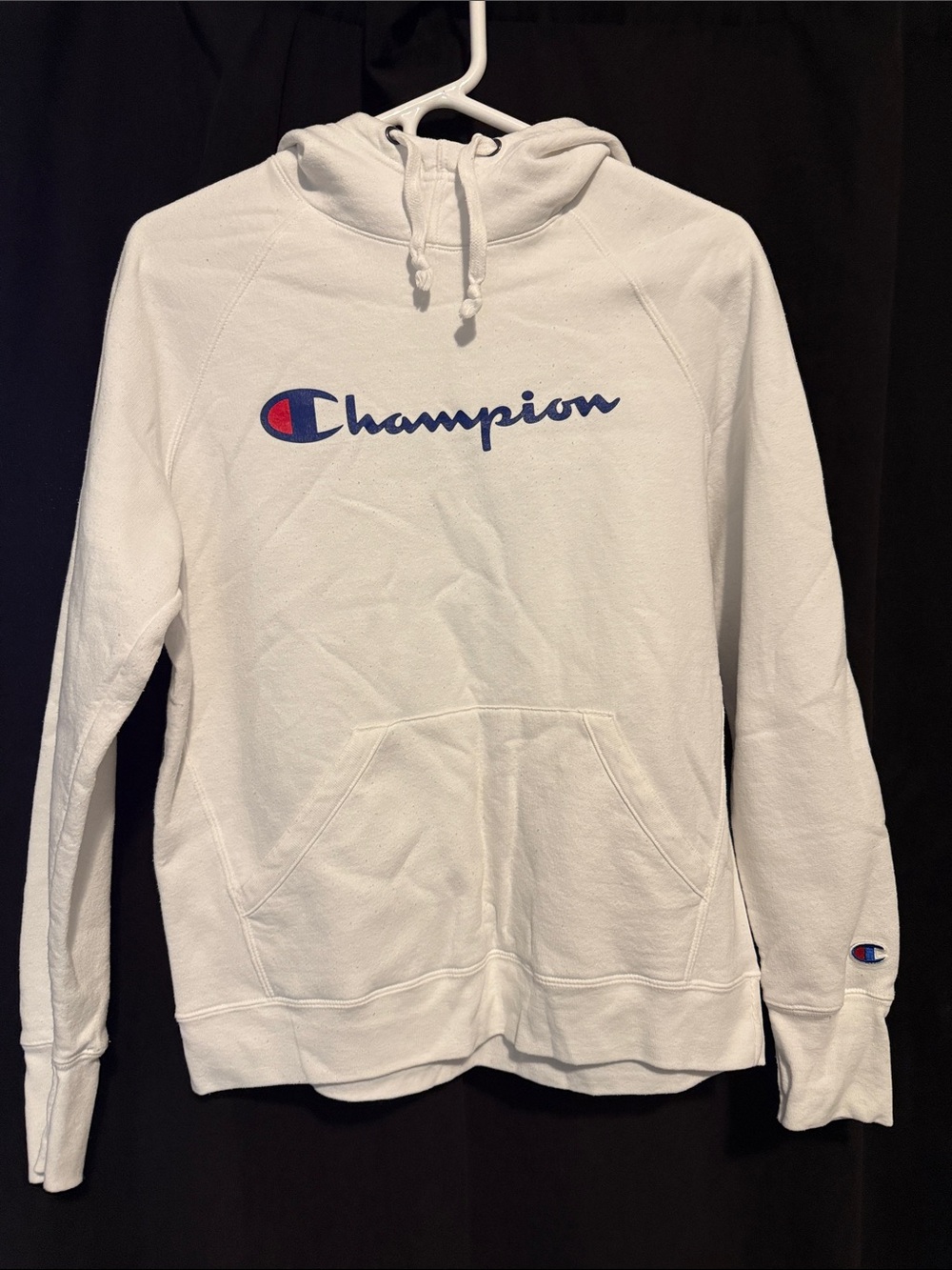 Champion White Hoodie with Blue & Red Logo